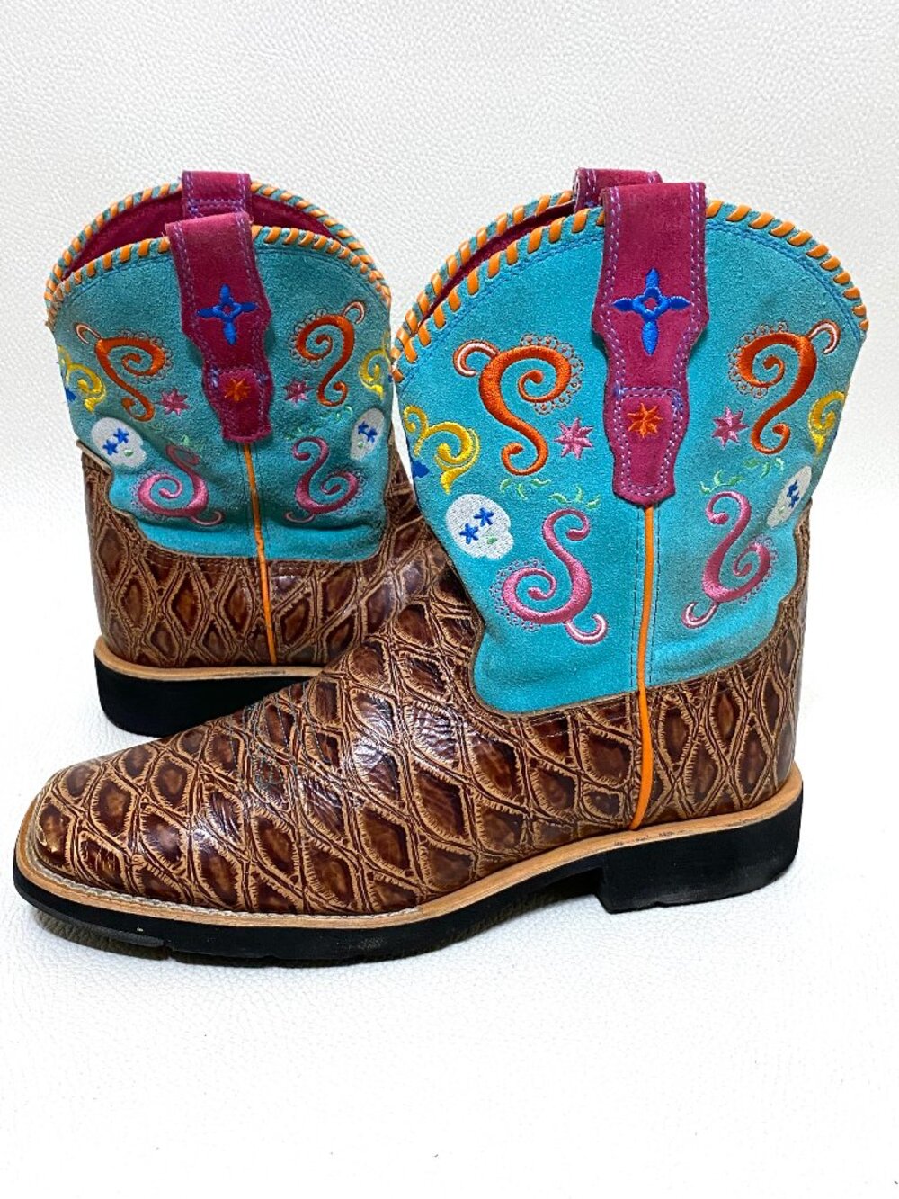 Girls Ariat Tombstone Cowgirl Boots Size 5 Brown & Blue Leather Pull On Boot
